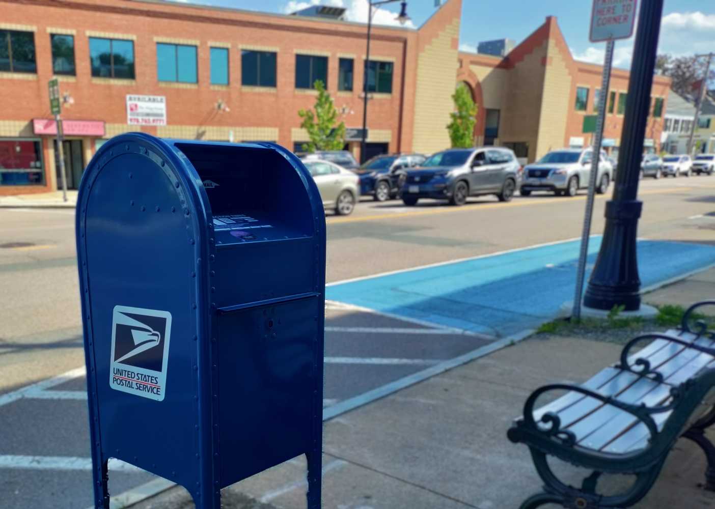 Outdoor blue USPS mail collection box